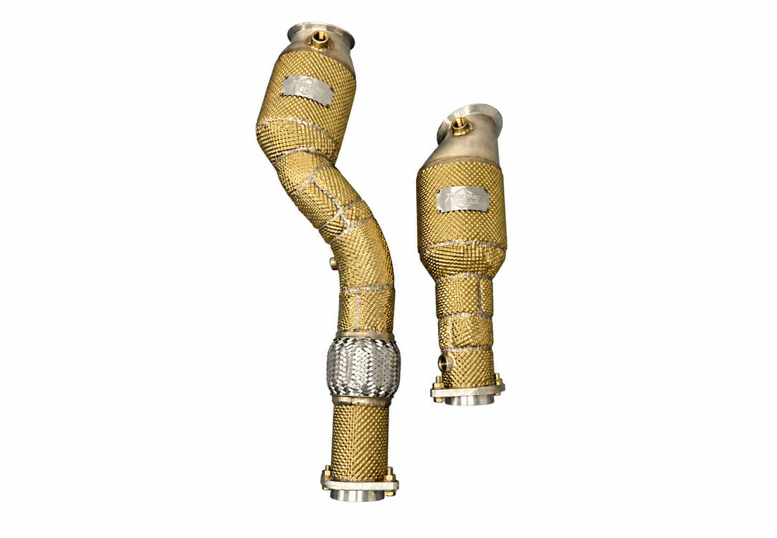 BMW S58 3.5-inch 200-cell catted downpipes with heat shield