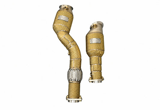 BMW S58 3.5-inch 200-cell catted downpipes with heat shield