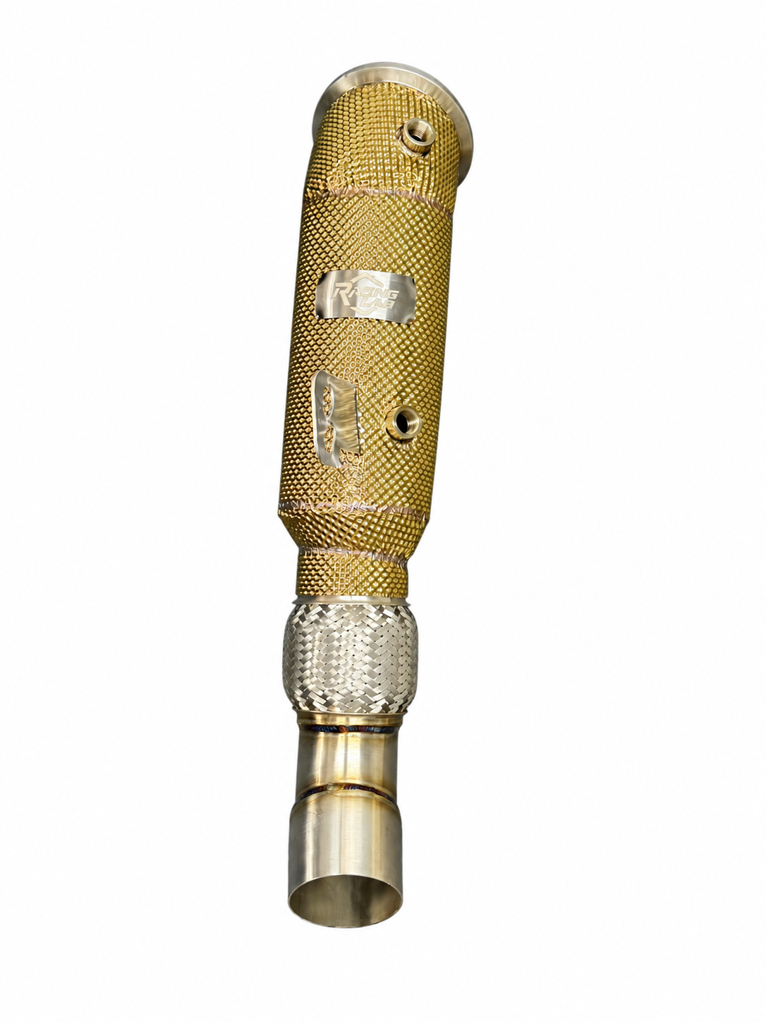 Racing Lab BMW B58 Gen 2 4.5-inch catless downpipe with gold heat shield, front view