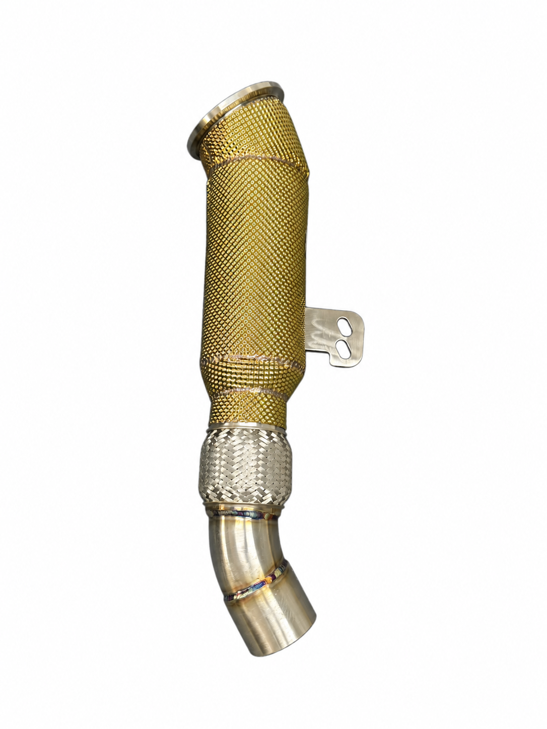 Racing Lab BMW B58 Gen 2 4.5-inch catless downpipe with gold heat shield, rear view