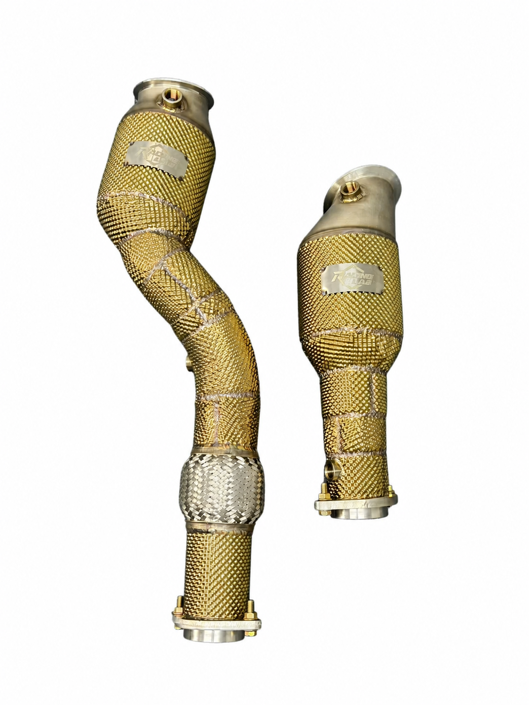 Racing Lab BMW G8X S58 200-cell catted downpipes with gold heat shielding, front view