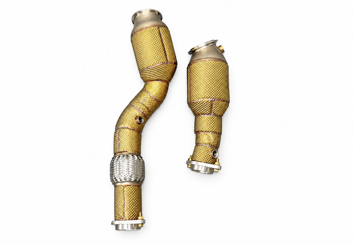 BMW G8X S58 3.5-Inch 200-Cell Catted Downpipes with Gold Heat Shield