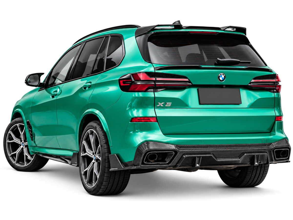 BMW X5 G05 Dry Carbon Rear Diffuser installed rear three quarter view